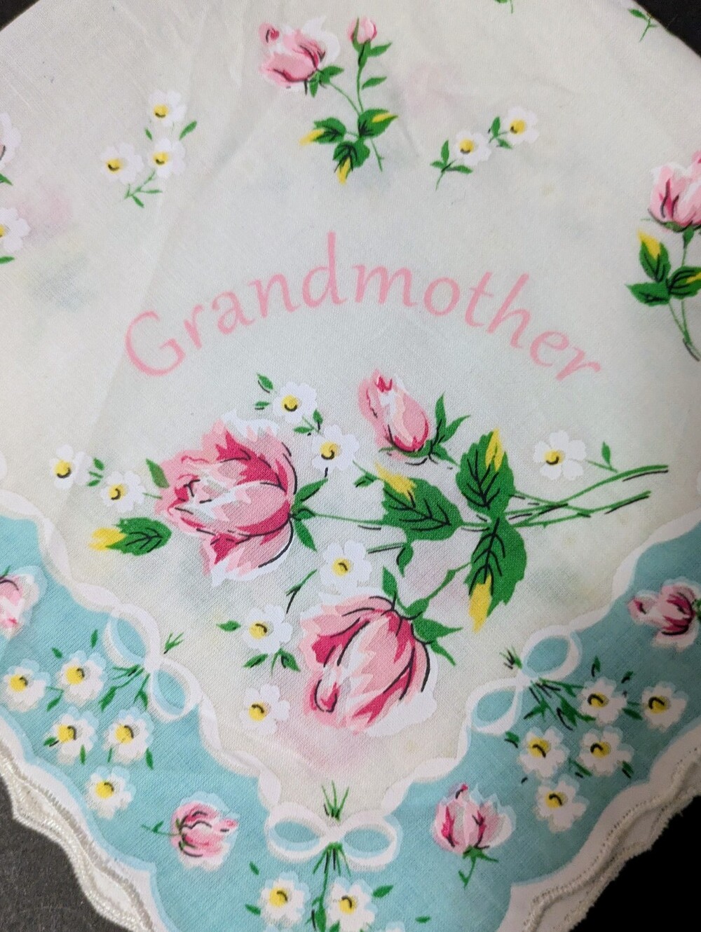 Grandmother Vintage Floral Hanky Pink Roses Aqua Scalloped Border LuRay Cotton